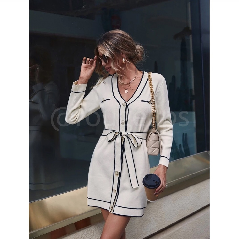 Beige Knit Belted Dress Long Sleeve, Button Through Contrast Black Piping Trim - Picture 3 of 11